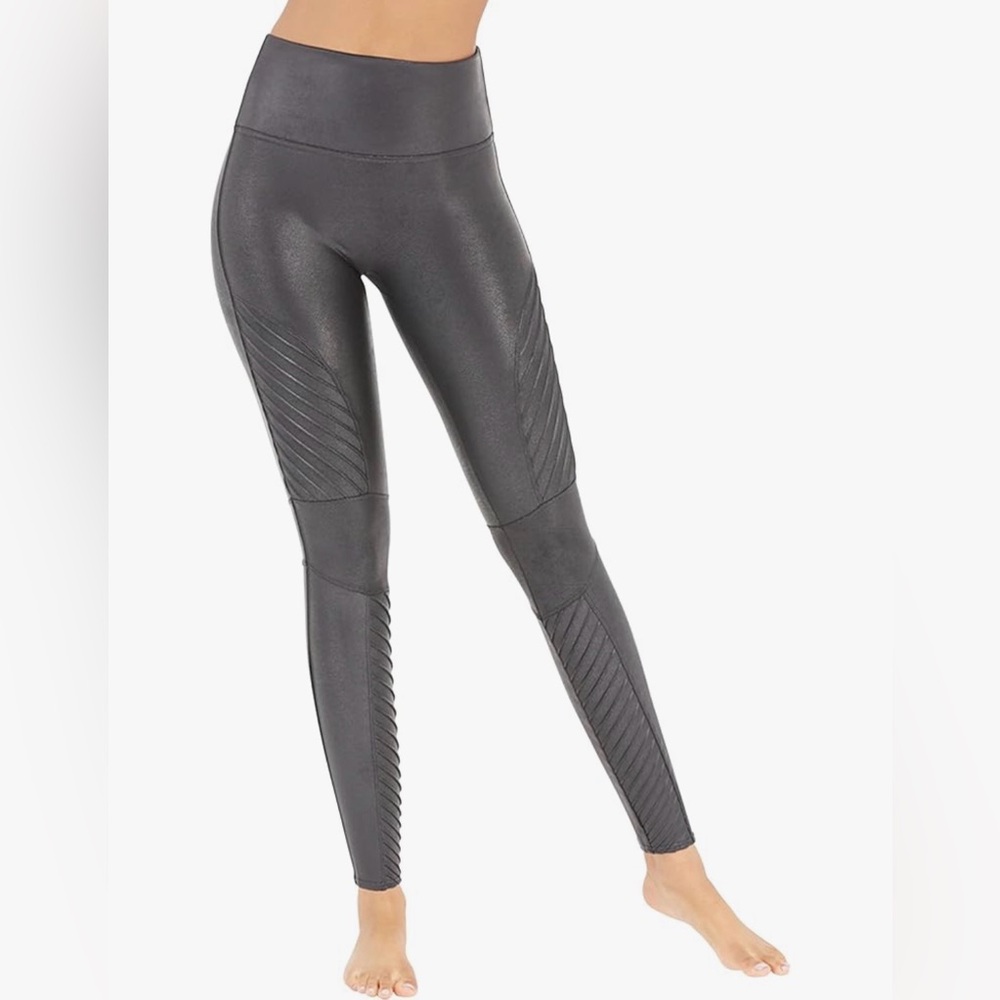 SPANX Faux Leather Moto-Panel Leggings Gunmetal Gray Size Medium